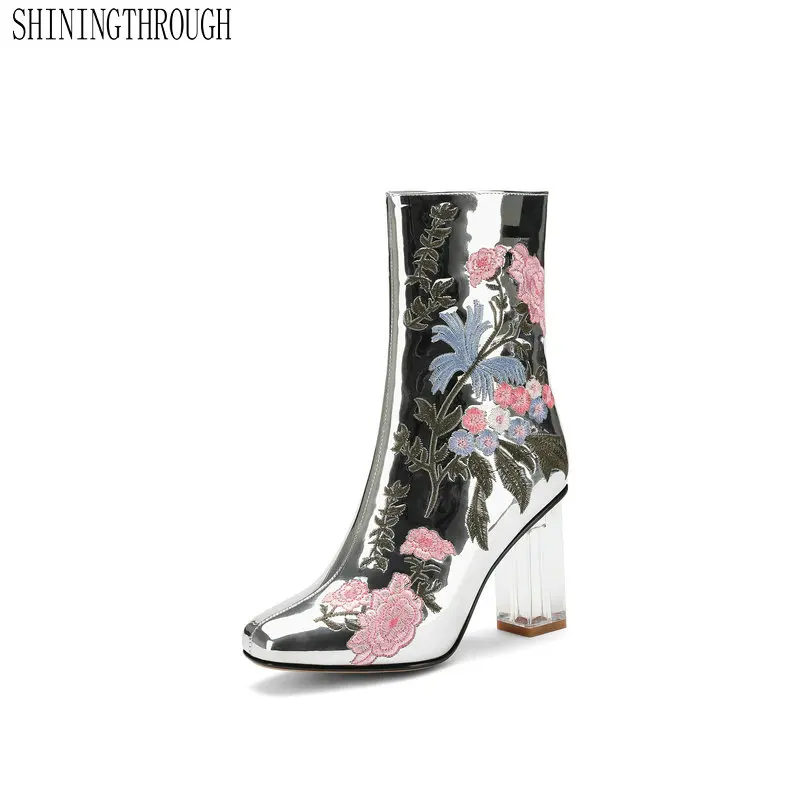 

Genuine Leather Women Ankle Zipper Boots Fashion Sexy Printing Flowers High Heel Women Shoes Spring Autumn Party Shoes