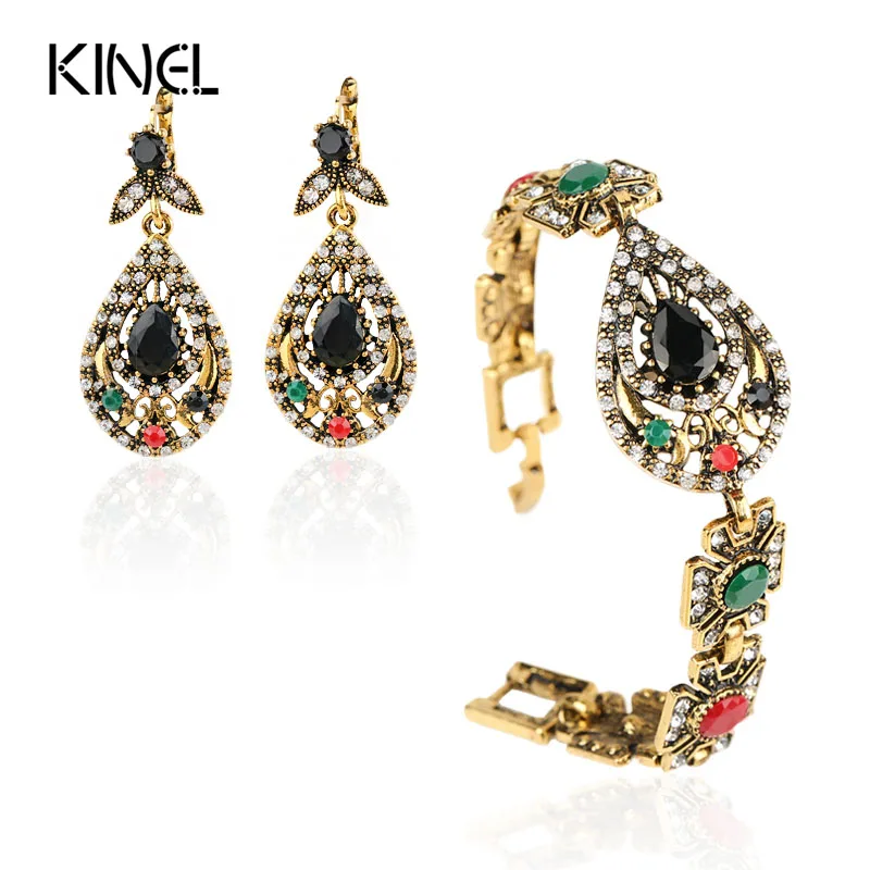 India Jewelry Sets Plated Ancient Bronze Mosaic Rhinestone Hollow Out
