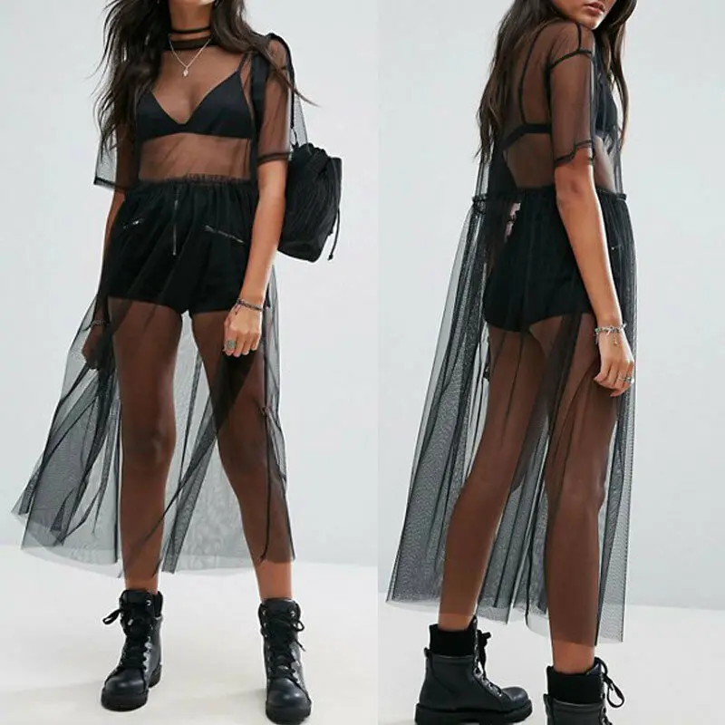 bathing suit wrap cover up 2019 Newest Hot Women Cover-Up See Through Gauze Mesh Sheer Short Sleeve Solid Tulle Lace Loose Bathing Swimming Wear Fashion long beach dresses
