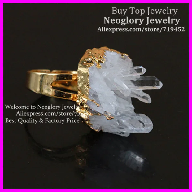

Hot Sale Natural Shiny White Crystal Quartz Ring Gold Color Bezel Setting Druzy Drusy Gems Ring Adjustable Finger Ring