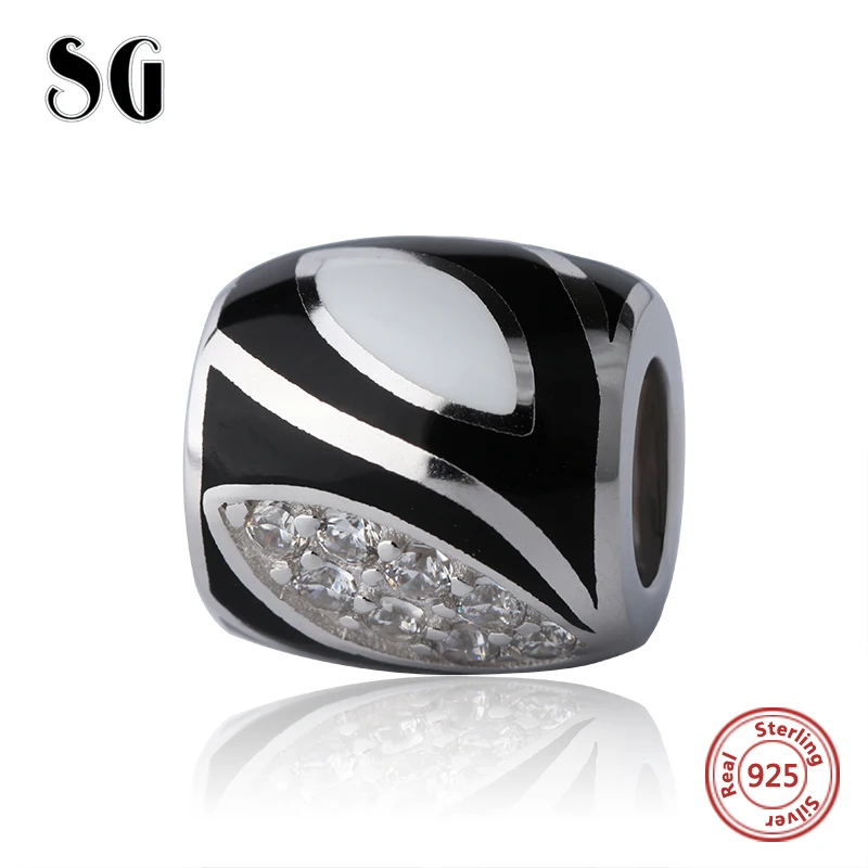 

SG high polish 925 silver vintage black & white charms diy beads with CZ fit authentic European bracelet jewelry making men gift