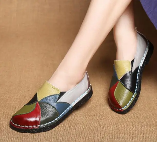 Повседневная разноцветная обувь из натуральной кожи на плоской подошве в стиле пэчворк; сезон весна-осень; коллекция года; элегантные лоферы на мягкой подошве; женская обувь; H241 - Цвет: 2