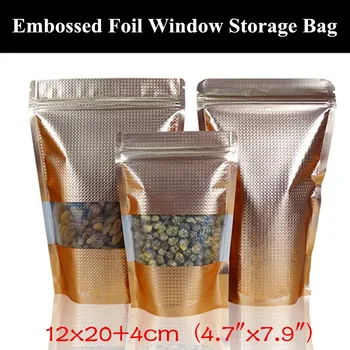 

50pcs 12x20+4cm (4.7"x7.9") 160micron Embossed Matt Gold Aluminium Foil Window Ziplock Bag Metallic Mylar Resealable Storage Bag