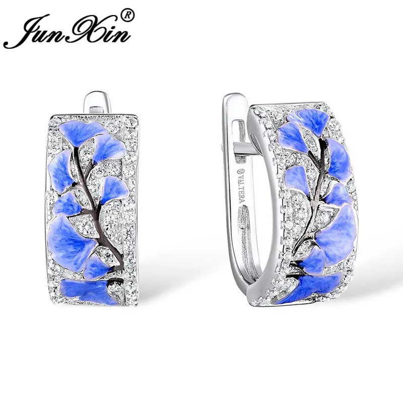 Cute Blue Enamel Maple Leaf Hoop Earrings For Women 925 Silver Color White Crystal Stone Wedding Earrings Plant Fashion Jewelry