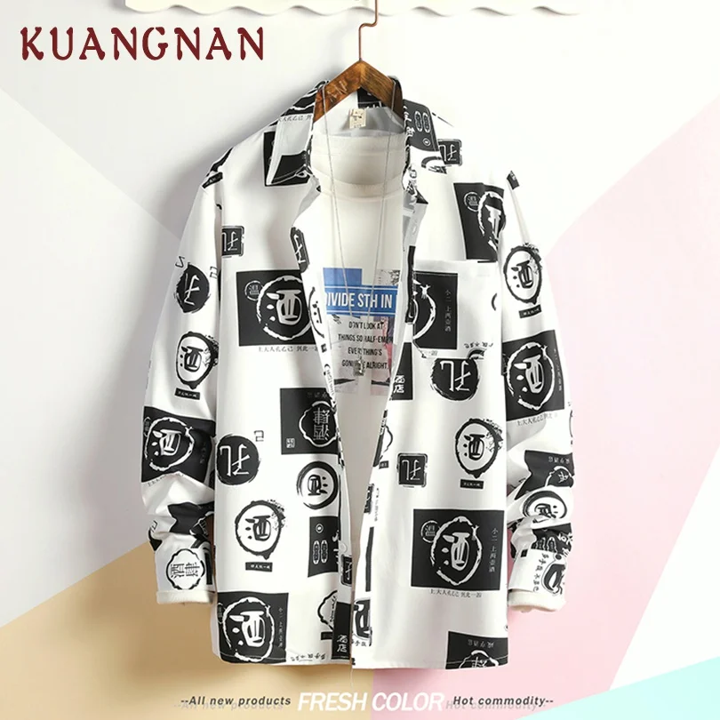 KUANGNAN, японский стиль, рубашка с принтом, Мужская Уличная одежда ...