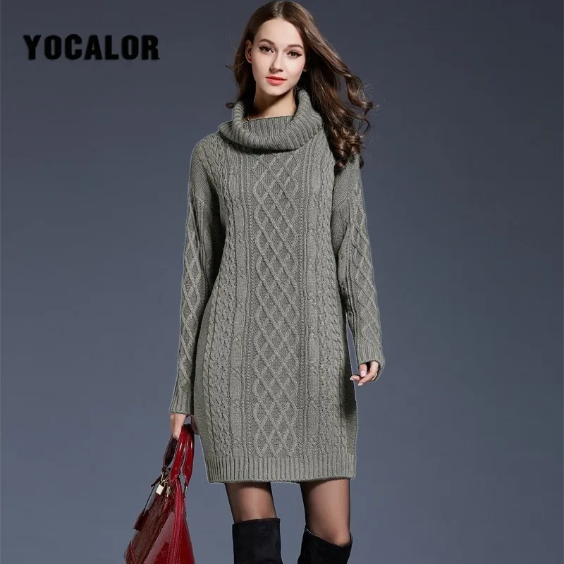 Зимнее вязанное крючком платье-свитер размера плюс, весеннее женское черное вязаное платье с длинным рукавом и высоким воротом, женские платья для зимы - Цвет: Gray