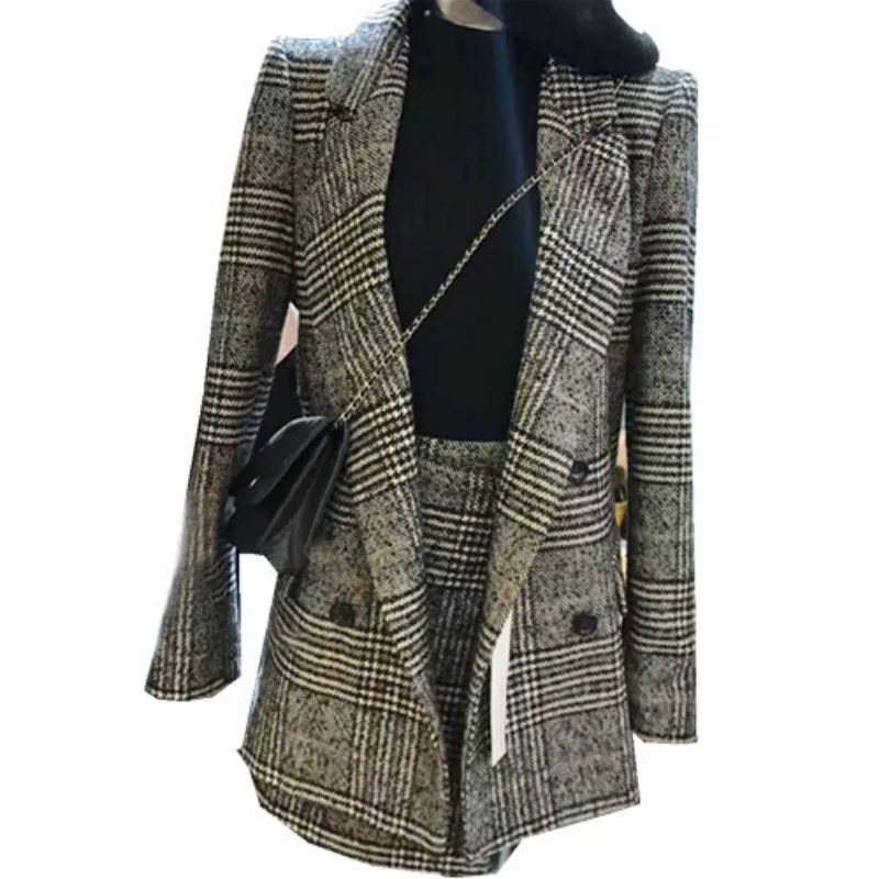 

Fashion Woolen Plaid 2 Two Piece Set For Women Double Breasted Lattice Long Jacket +irregular Mini Skirt Set Suit Tracksuit
