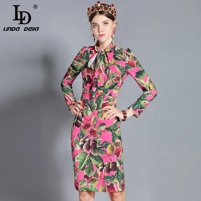 LD LINDA DELLA New 2018 Fashion Runway Dress Women s Long Sleeve Bow Collar Elegant Fig