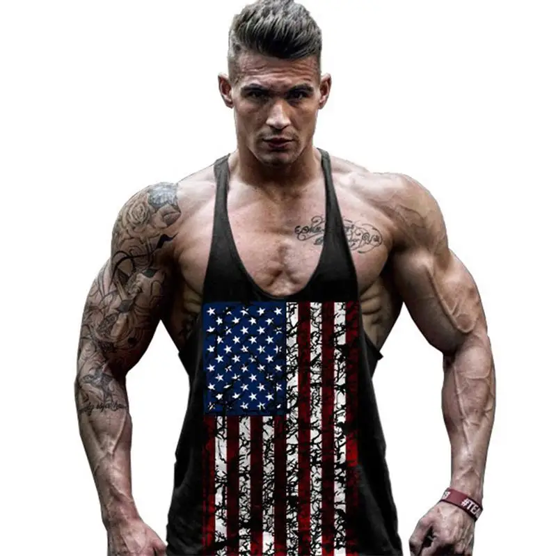 

Men's Pro American Flag Fitness Gyms Singlets Bodybuilding Tank Tops Muscle Vest Stringer Sleeveless Shirt Tees Clothing