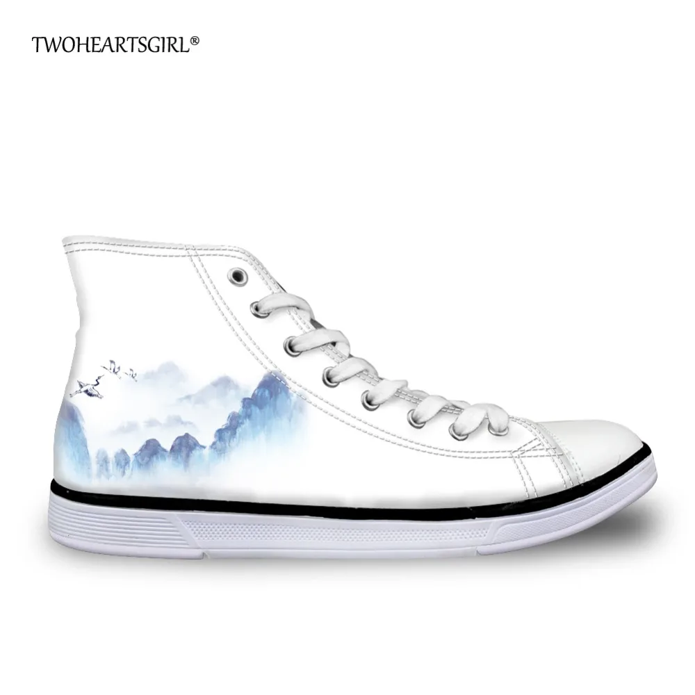 

Twoheartsgirl White Women High Top Canvas Shoes Artist Landscape Design Lace Up Shoes Casual Ladies Student Vulcanize Shoes