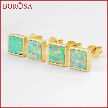 

BOROSA 5Pairs 6mm Gold Color Bezel Square Shape White Opal Japanese Opal Stud Earrings for Women Gems Druzy Jewelry ZG0208