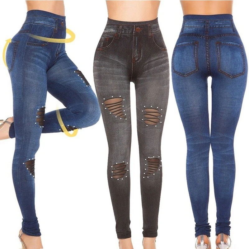 Сетчатые прозрачные перламутровые леггинсы женские модельные джинсовые цветные принтованные джинсовые леггинсы с высокой талией бесшовные леггинсы тянущиеся для похудения
