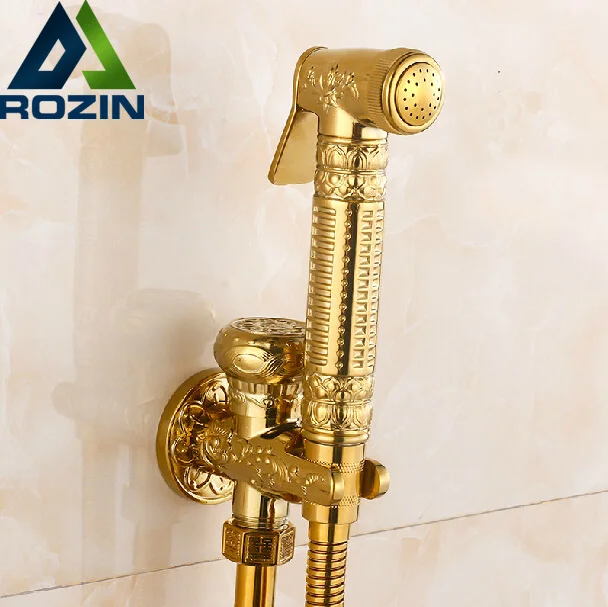 

Bathroom Toilet Hand Held Shattaf Bidet Diaper Sprayer Kit Wall Mount Golden Toilet Flusher Bidet Sprayer Set