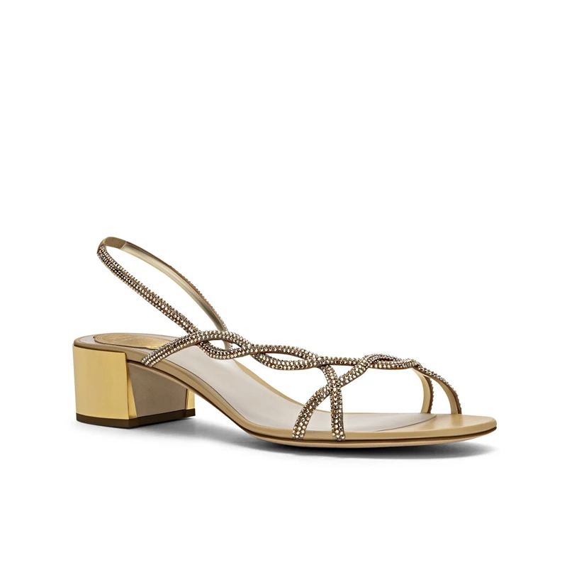 

Sandalias Mujer 2020 Designer Glitter Gold Silver Woman Gladiator Hallow Out Sandals Med Chunky Heel Narrow Band Crystal Shoes