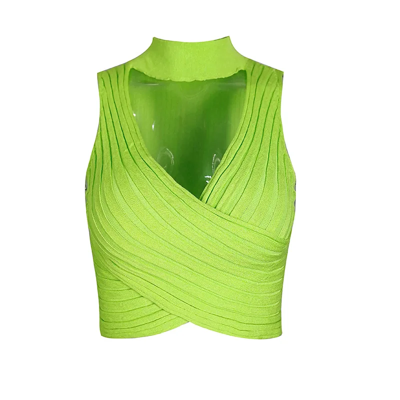 ZHYMIHRET Summer V Neck Halter Ribbed Tank Tops Women Knitted Wrap Ruched Festival Sexy Neon Crop Tops Female Haut Femme - Цвет: Зеленый