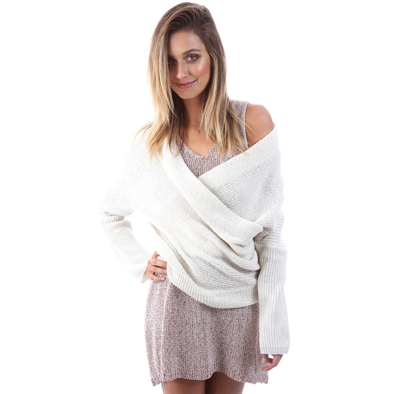 المرأة الصلبة Knittedcoat غير النظامية مثير قبالة الكتف البلوزات كم طويل عميق V الرقبة السترة عارية الذراعين لباس غير رسمي قاعدة قميص