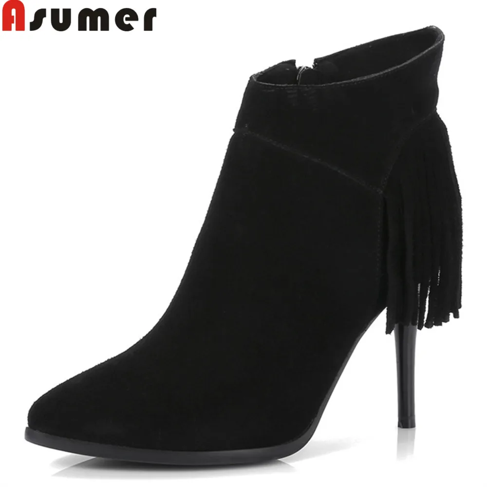 

Asumer fashion autumn winter new arrive women boots pointed toe zipper cow suede boots fringe black Nude color ankle boots