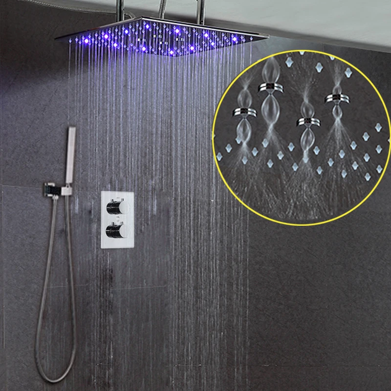 

Bathroom Shower Faucet Chrome Or Brushed LED Rain Shower System Set Embedded Box Thermostat Mixer Valve Control Shower Head Way