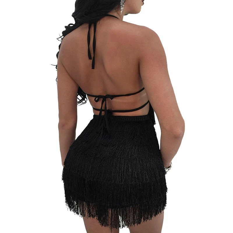 Модный женский черный комбинезон, Клубная одежда для вечеринок, облегающая одежда с бахромой, с завязками на шее, без рукавов, открытая спина, открытая спина