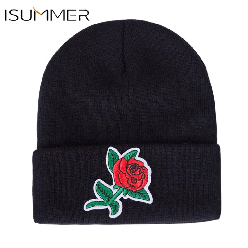 

Woman Knit Cap Trend Embroidery Rose Man'S Beanie Cap Warm Simple Black Wool Cap Autumn Winter Outdoor Accessories Beanies
