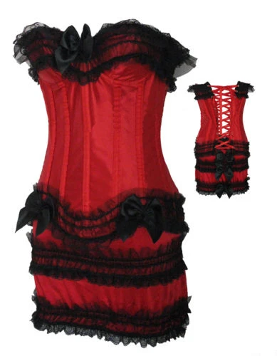 

Plus size Black With Red satin lace up boned zipper side corset busiter with lacetrim and bow +mini skirt S-6XL
