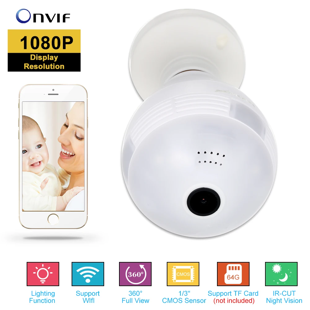 

KKmoon 1080PH Mini Fish Eye Panoramic Wireless WIFI 360 Degree Camera LED Light Bulb IP Camera IR Lamp Night Vision IR-CUT