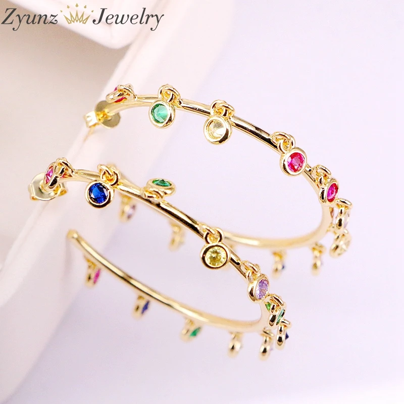 

4Pairs, Cz Micro Pave Crystal Zirconia Charms For Women Girls Fashion Multicolor Big Circle Stud Earring Rainbow Jewelry
