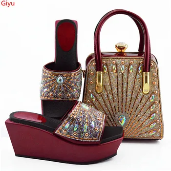 

doershow italian wine shoes and bag set wholesale 2019 women wedding shoes and matching purse for women party!!SVC1-8