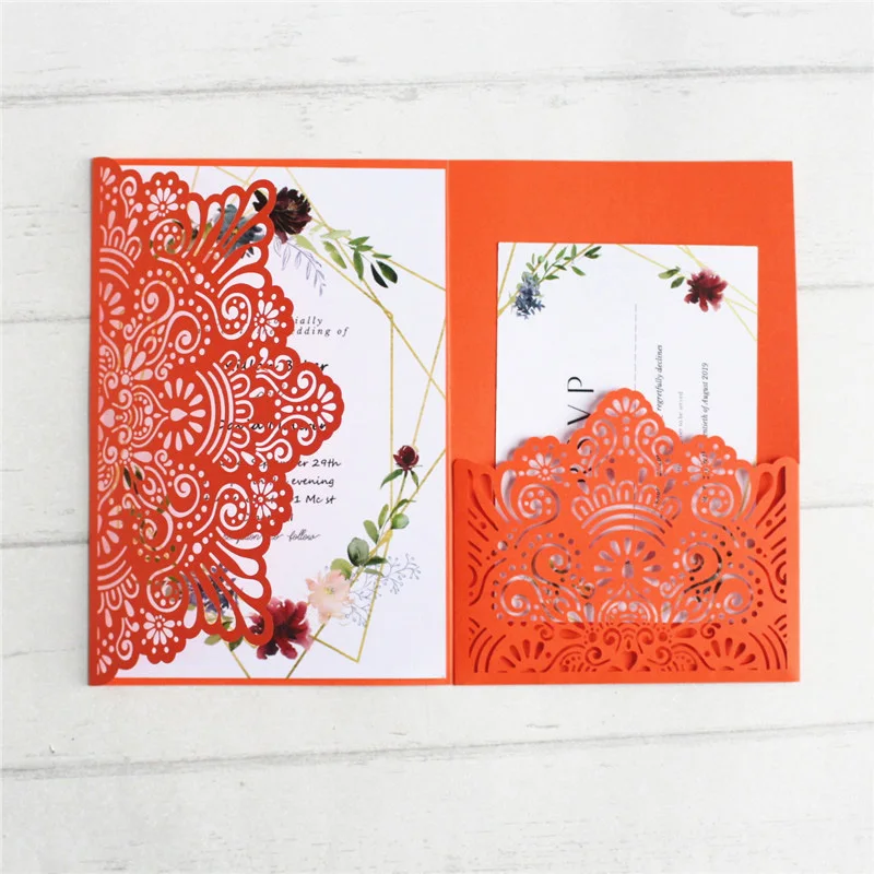 

Rural wedding invitations pocketfolds orange white purple flower laser cutting 50pcs offer customized printing