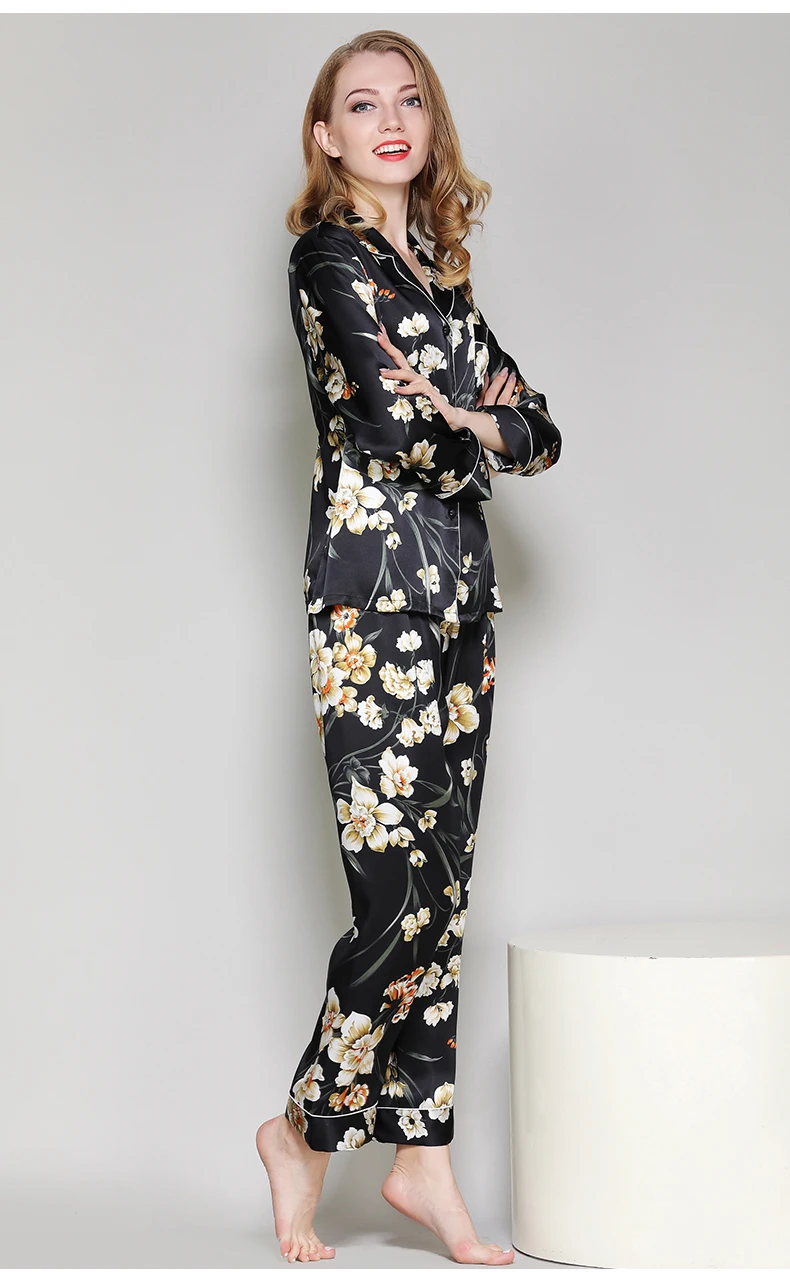Для женщин 100% шелк пижамы для девочек демисезонный 2019 Новый женский brandblack пикантные цветочный принт двойка наборы ухода за кожей дома