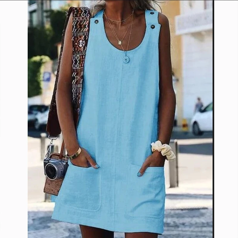 

2019 Women Summer Dress Sleeveless Vest Dresses Fashion Elegant Pocket Lady Round Neck Solid Loose Dress