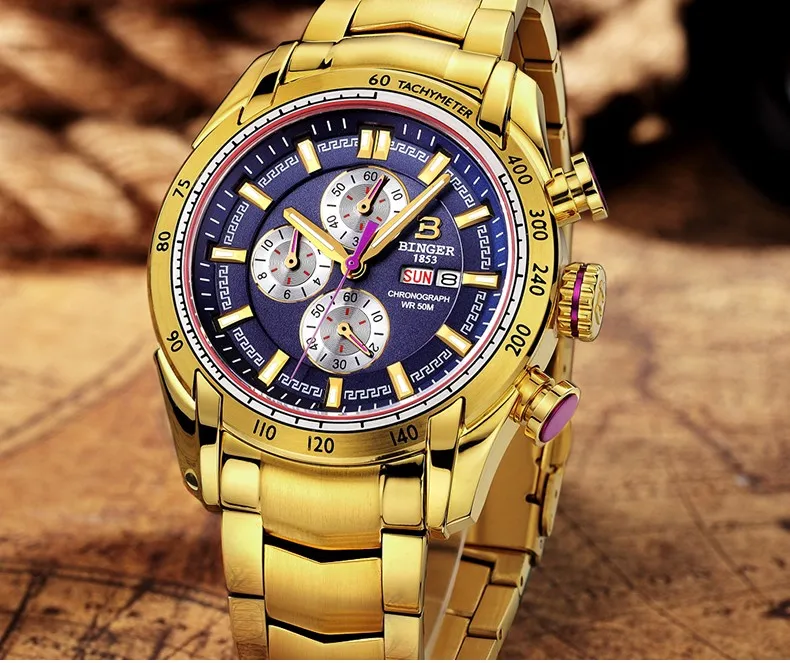 Швейцарские роскошные Брендовые мужские наручные часы Бингер Космос натуральная кожа кварцевые мужские часы 50 м Водонепроницаемость золотые часы мужские s