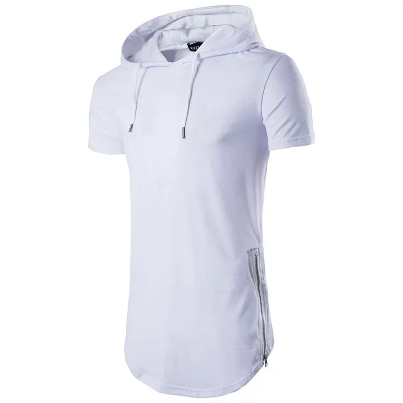 Мужская Уличная удлиненная футболка с капюшоном модная удлиненная футболка с коротким рукавом Homme Повседневная футболка в стиле хип-хоп Sider на молнии - Цвет: White