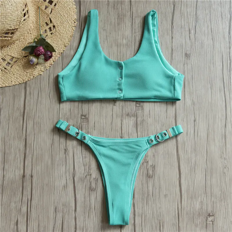 INGAGA Sexy Thong Bikini Solid Swimwear Women Metal Button Swimsuit Padded Bathing Suits New 2019 Summer Beach Bikini Mujer