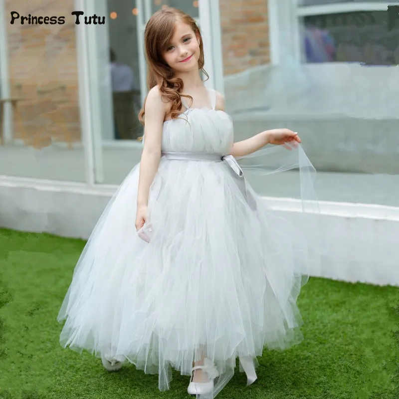 Gray Flower Girl Wedding Dresses Tulle Tutu Dress Girl Kids Pageant Birthday Party Dresses Children Fancy Princess Ball Gowns