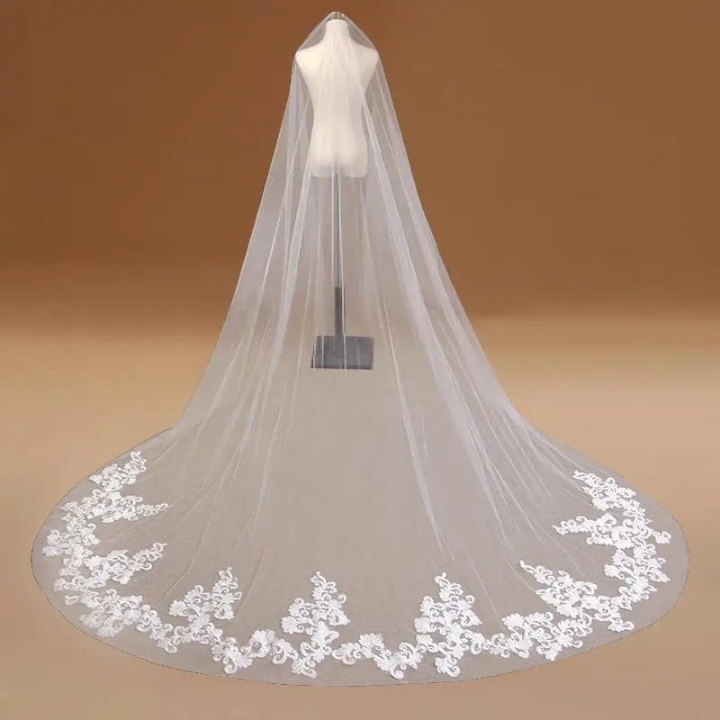 One Layer Lace Edge Cathedral Wedding Veil With Comb White Ivory Long Bridal Veils 2019 Wedding Accessories voile mariage