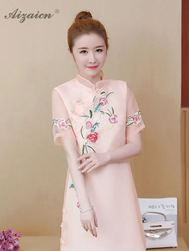 2019 Летняя мода новая вышивка Cheongsam Chinoise Повседневная Женская традиционная китайская одежда Qipao современное белое Повседневное платье