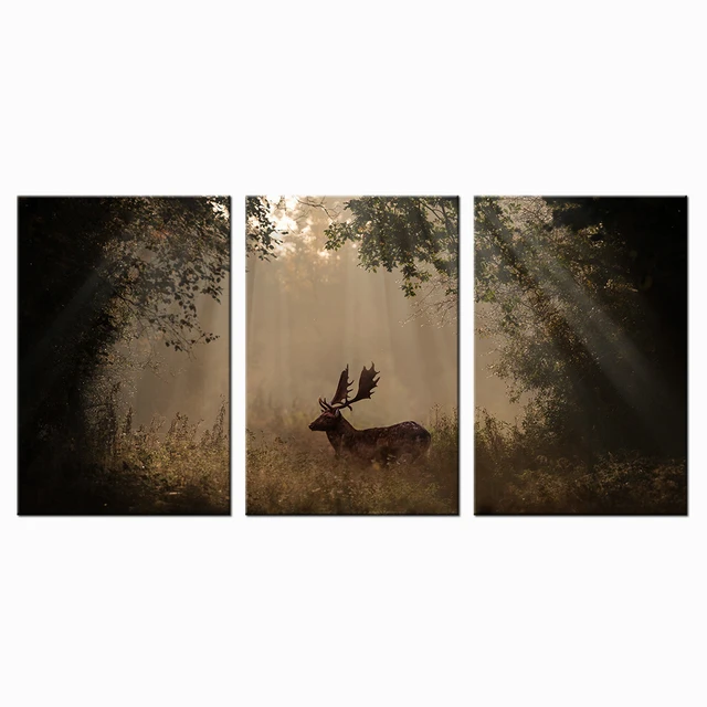 Wild Animal Deer In Fall Canvas Sun Rays Through Forest Poster Home Wild Animal Deer In Fall Canvas Sun Rays Through Forest Poster Home Decor Wall Art Prints Hd Picture 3 Panels Murals