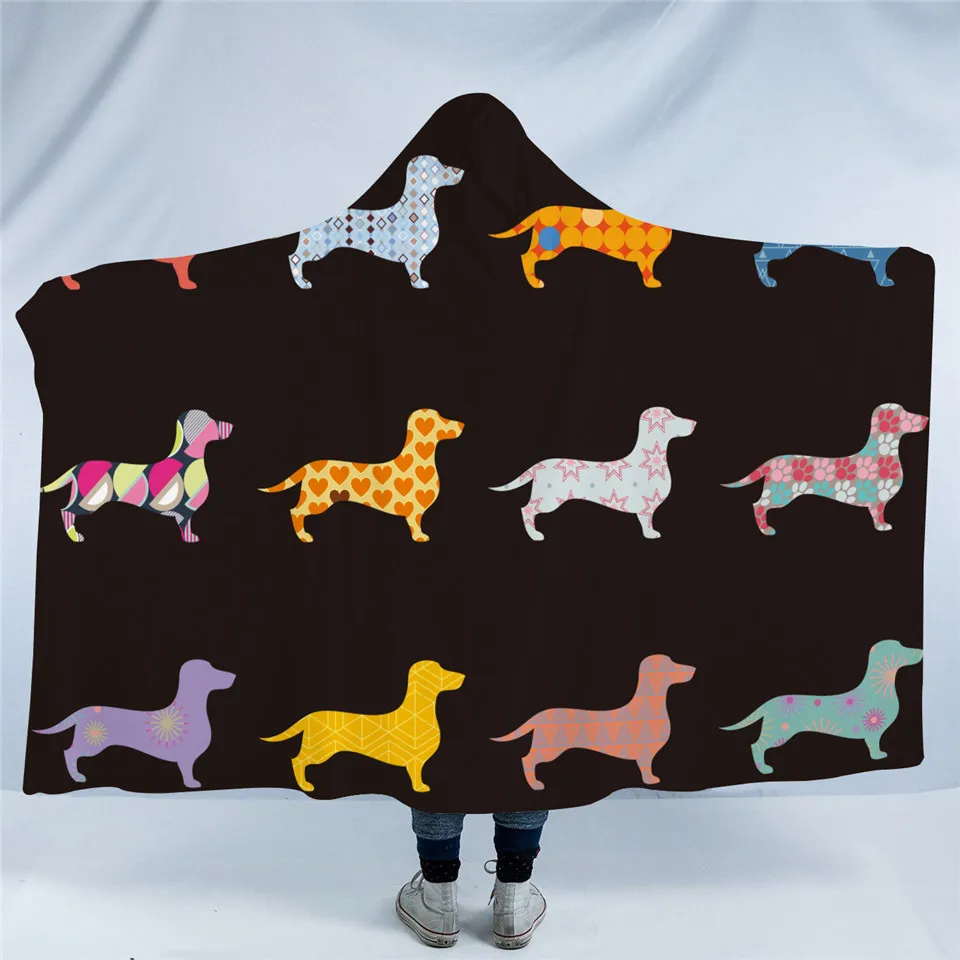 

Dachshund Sausage Microfiber Hooded Blanket Colorful Puppy Sherpa Fleece Cartoon Dog Wearable Throw Blanket