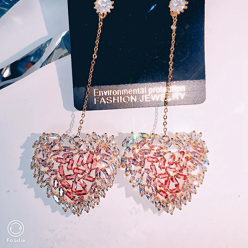 

Sweetie Strawberry Love Heart Pink Square Zircon Stud Earring Women Wedding Love Heart Long Charm Earring Jewelry