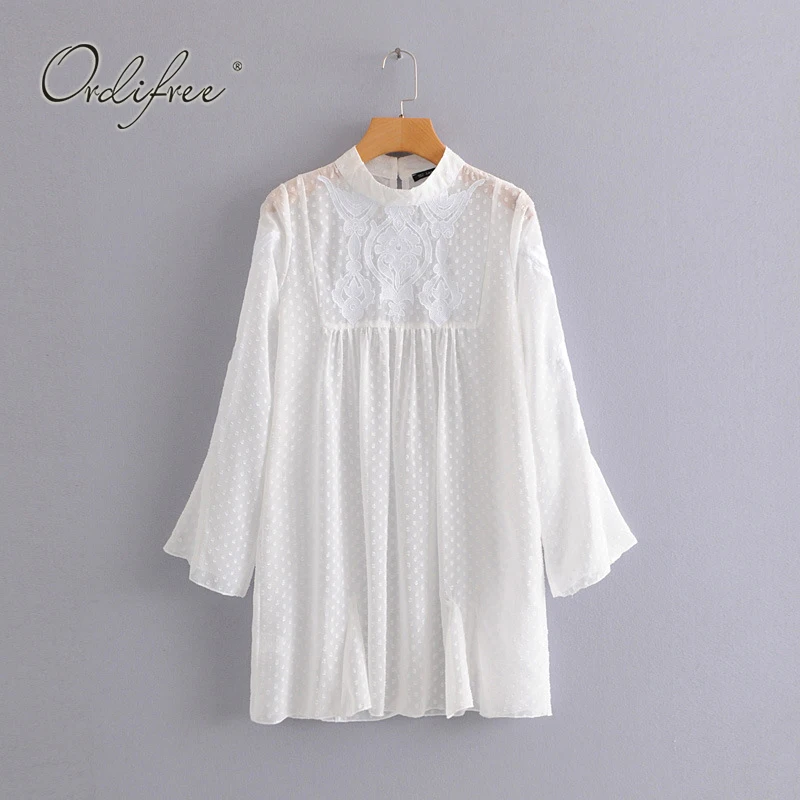 

Ordifree 2019 Summer Women White Lace Dress Embroidery Polka Dot Short Tunic Beach Dress