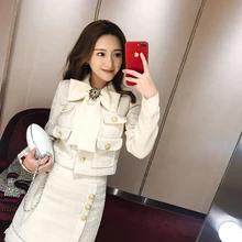 Высокое качество, подиумный комплект из двух предметов, зима/осень, Женский твидовый блейзер с золотыми пуговицами, шерстяной тонкий пиджак+ юбка с бантом со стразами, комплект из 2 предметов