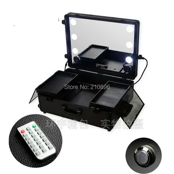 

LED Multimedia Makeup Case suitable for USB Bluetooth speakers Aluminum trolley Cosmetic case with Legs LED Lighted Makeup Box