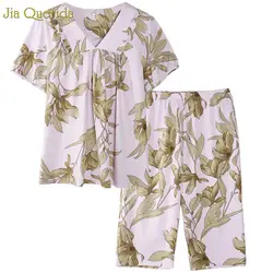 Большие размеры, Хлопковая пижама Mujer, 2019, летние шорты, комплект из 2 предметов для женщин, пижама с принтом цветов, укороченные брюки
