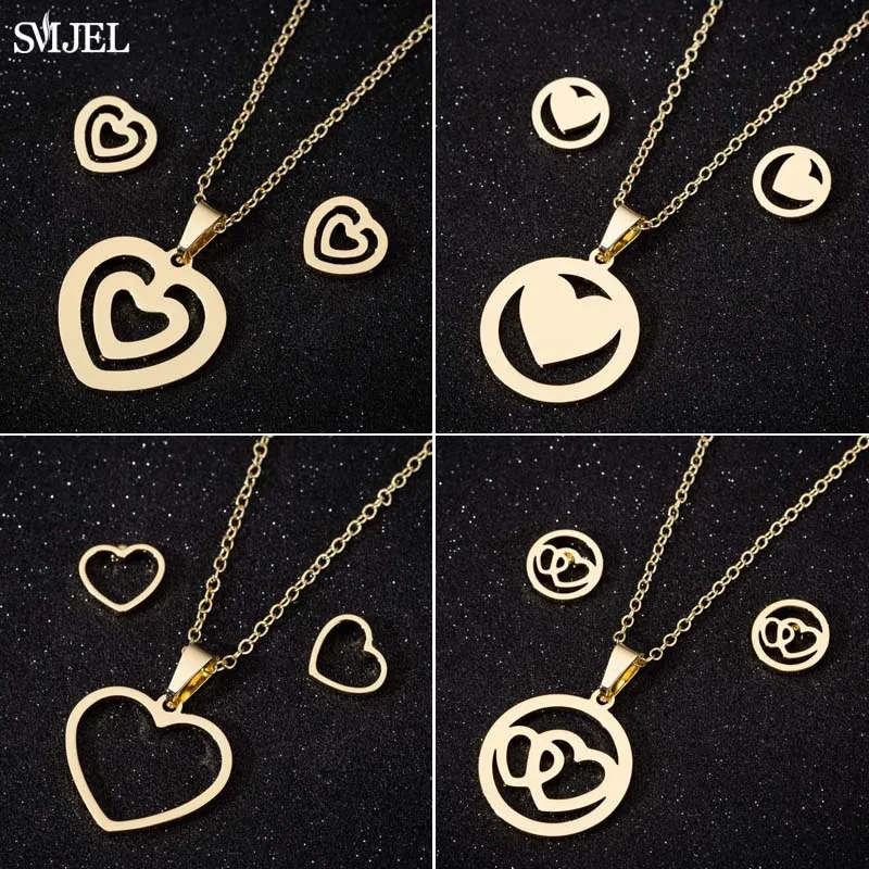 

SMJEL Stainless Steel Chain Double Heart Necklaces Earrings Women Girls Wedding Bridal Jewelry Set Trendy Love Shape Anime Studs