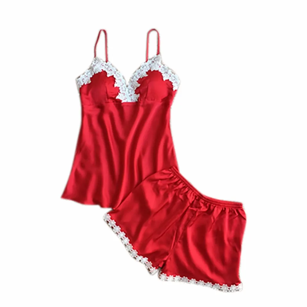 

Women Lace Stitching Sexy Tops+Pants Suit Summer Silk Pillow Pad Candy Color Sling Pajamas Set