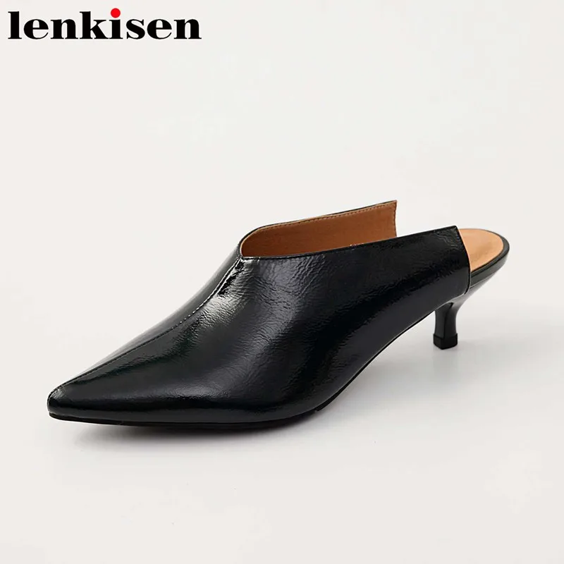 

Lenkisen 2018 fashion pointed toe slingback genuine leather spring brand shoes high heels mules party runway women pumps L18