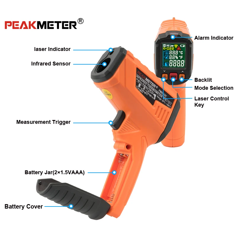 PEAKMETER PM6519B/PM6519C ЖК ручной лазерный цифровой ИК инфракрасный термометр Температура-50~ 500 градусов Бесконтактный тест окружающей среды