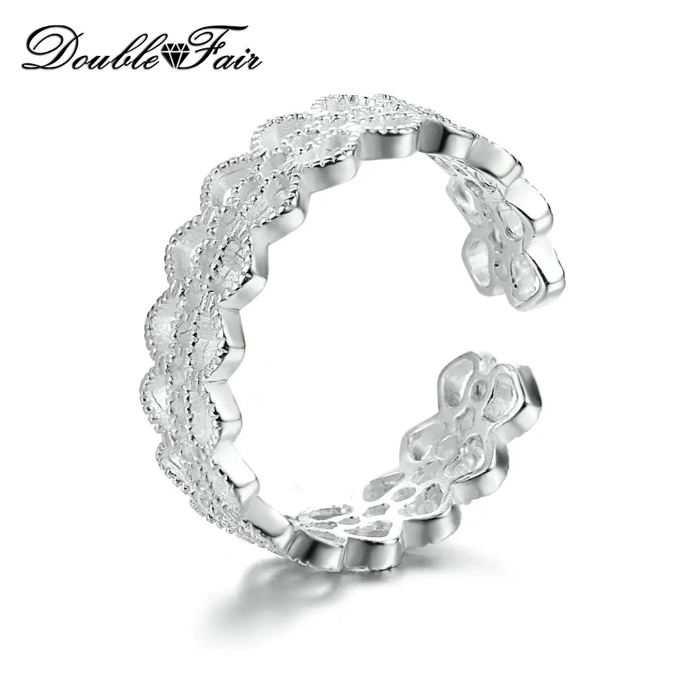 Double Fair Creative Lace Heart Design 100% 925 Sterling Silver Rings S925 Adjustable Open Ring For Women Party Gift DFRY025