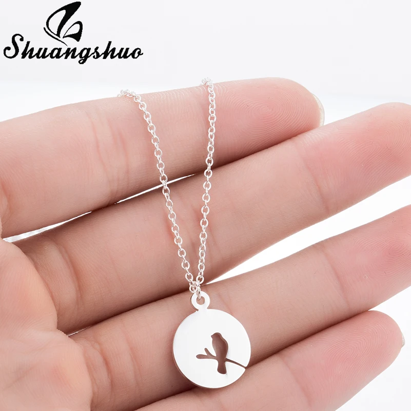 

Shuangshuo Cute Small Hollow Animal Bird on A Branch Necklaces & Pendants Animal Necklace Bird Necklace Circle Necklace Silver